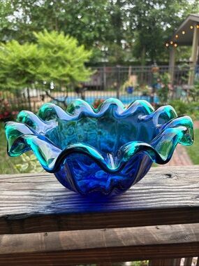 Murano Art Glass Ruffled Bowl – Cobalt Blue & Emerald Green –White Cristal Italy